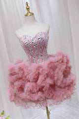 Pink Tulle Short Homecoming Dress with Rhinestones, Cute Party Dress