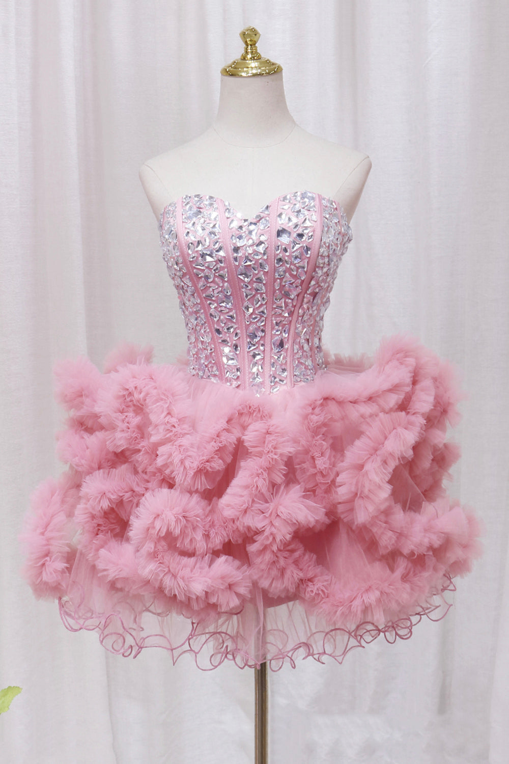 Pink Tulle Short Homecoming Dress with Rhinestones, Cute Party Dress