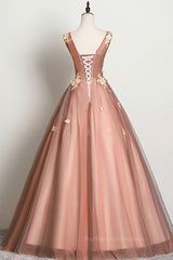 Pink v neck tulle lace long prom dress pink tulle formal dress