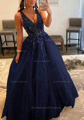 Princess A Line V Neck Sleeveless Sweep Train Tulle Prom Dress With Appliqued Beading