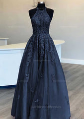 Princess Halter Long Floor Length Lace Tulle Prom Dress With Appliqued Beading