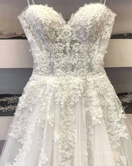 Princess Sweetheart Neck White Lace Prom Wedding Dresses, Ivory Lace Formal Dresses, White Evening Dresses