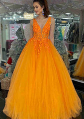 Princess V Neck Long Floor Length Tulle Prom Dress With Appliqued