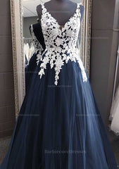 Princess V Neck Long Floor Length Tulle Prom Dress With Appliqued Lace