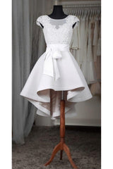 White Lace Short For Teens Classy Short Sleeves White Belt Homecoming Dresses