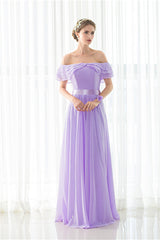 Purple Chiffon Off The Shoulder Long Bridesmaid Dresses