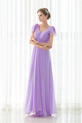 Purple Chiffon V-neck Backless Pleats Long Bridesmaid Dresses