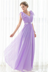 Purple Chiffon V-neck Backless Pleats Long Bridesmaid Dresses