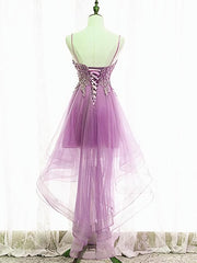 Purple High Low Lace Prom Dresses, Light Purple High Low Lace Formal Homecoming Dresses