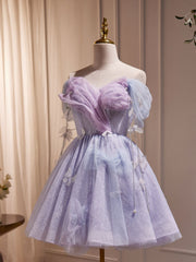 Purple Off Shoulder  Tulle Short Prom Dress, Purple Homecoming Dress