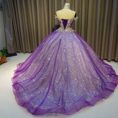 Purple Off The Shoulder Ball Gown Bling Bling Prom Dress