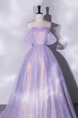 Purple Sequins Long A-Line Prom Dress, Off the Shoulder Evening Party Dress