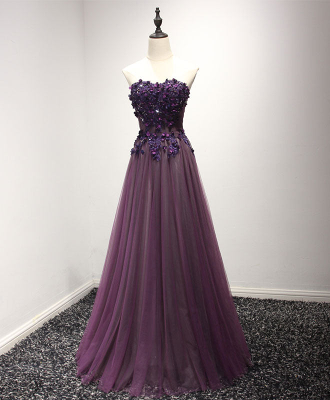 Purple Sweetheart Neck Lace Long Prom Dress, Formal Dress