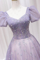 Purple Tulle Beaded Long Formal Dress, Cute A-Line Evening Dress