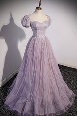 Purple Tulle Long A-Line Prom Dress, Purple Short Sleeve Evening Party Dress