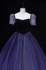 Purple Tulle Long A-Line Prom Dress, Purple Short Sleeve Princess Dress