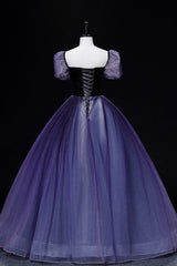 Purple Tulle Long A-Line Prom Dress, Purple Short Sleeve Princess Dress