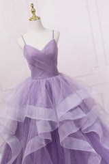 Purple V-Neck Tulle Long Prom Dress, Spaghetti Straps A-Line Evening Dress