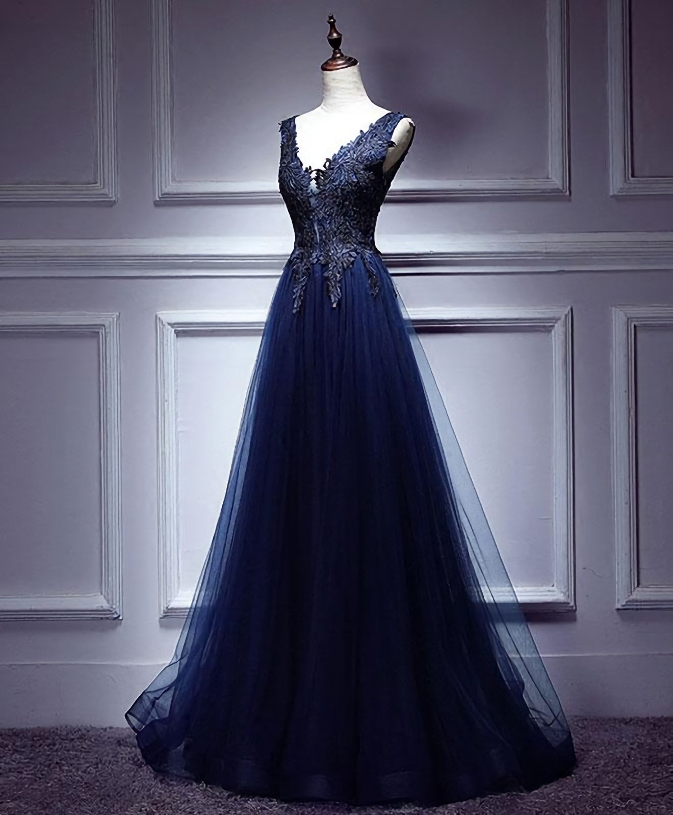 Dark Blue Lace V Neck Long Prom Dress, Lace Evening Dress