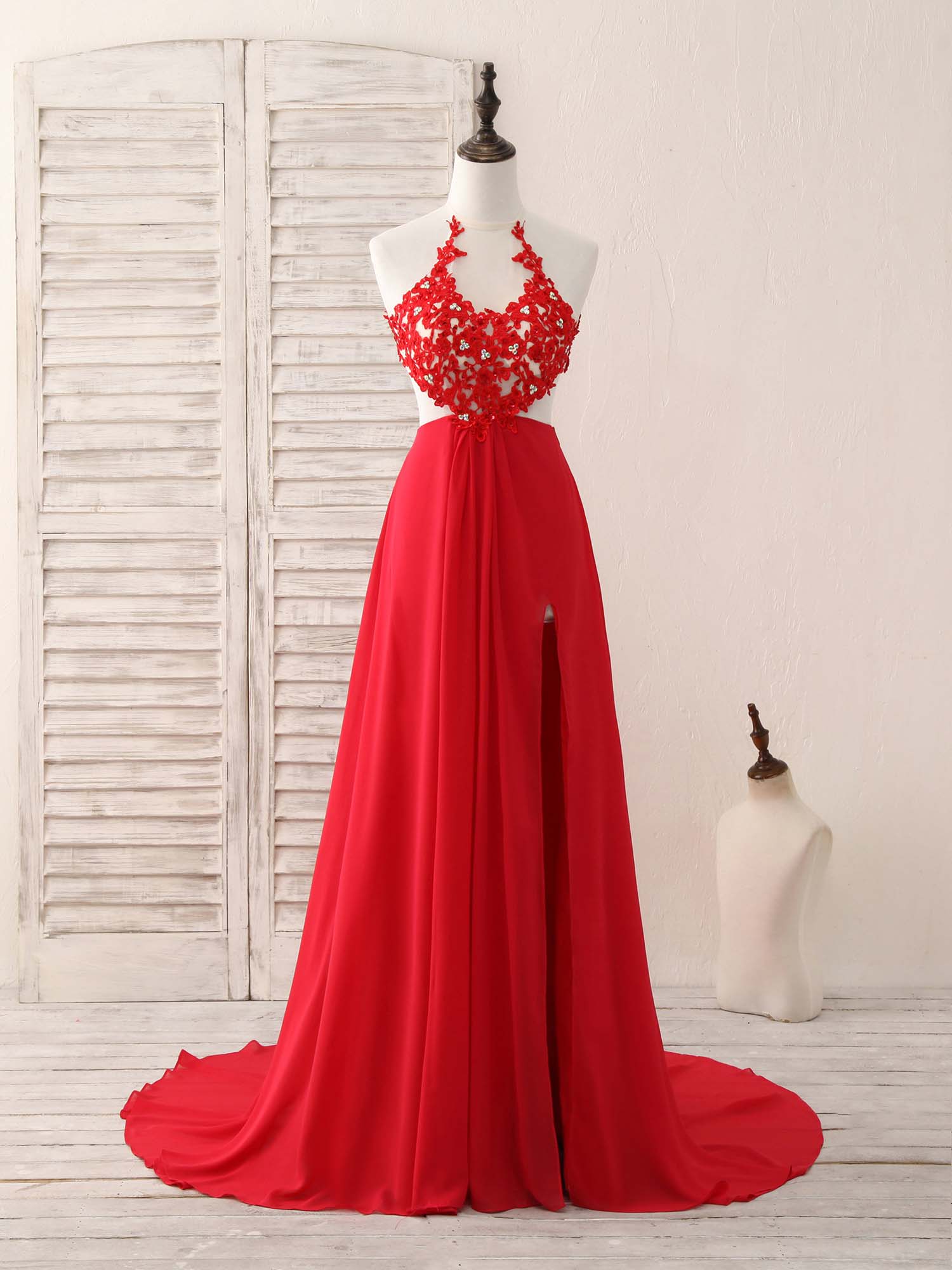 Red Hight Neck Chiffon Lace Applique Long Prom Dress, Red Formal Dress