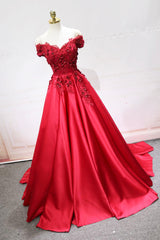 Red Satin Lace Long Prom Dress, Off Shoulder Evening Party Dress