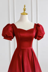 Red Satin Long Prom Dress, Simple A-Line Short Sleeve Evening Party Dress