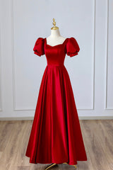 Red Satin Long Prom Dress, Simple A-Line Short Sleeve Evening Party Dress