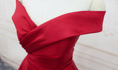 Red Satin Off Shoulder Handmade Long Formal Dress, Handmade Red Formal Gown