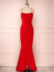 Red Thin Straps Mermaid Backless Long Prom Dresses, Red Mermaid Formal Dresses, Red Evening Dresses