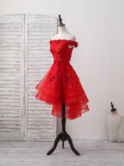 Red Tulle Lace Off Shoulder Short Prom Dress, Red Homecoming Dress