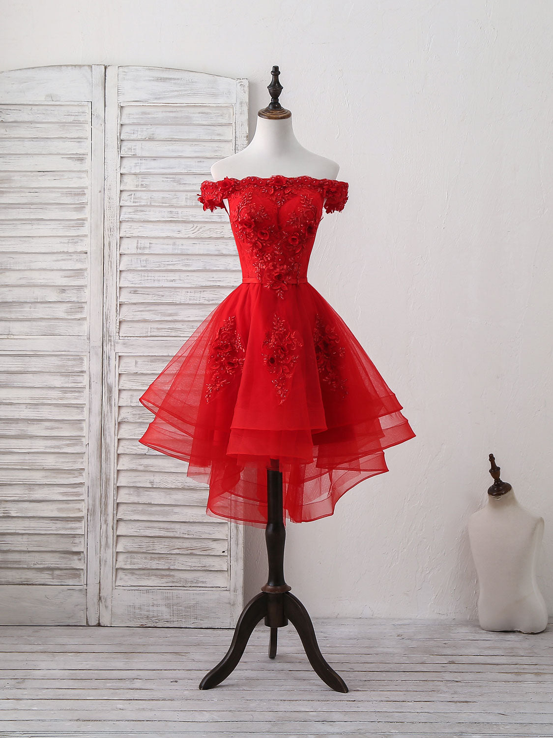 Red Tulle Lace Off Shoulder Short Prom Dress, Red Homecoming Dress