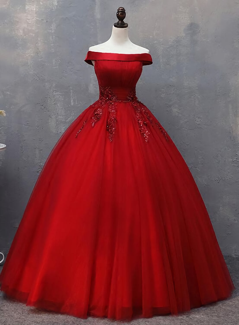 Red Tulle Long Off the Shoulder Sweet 16 Dress, Red Party Gown