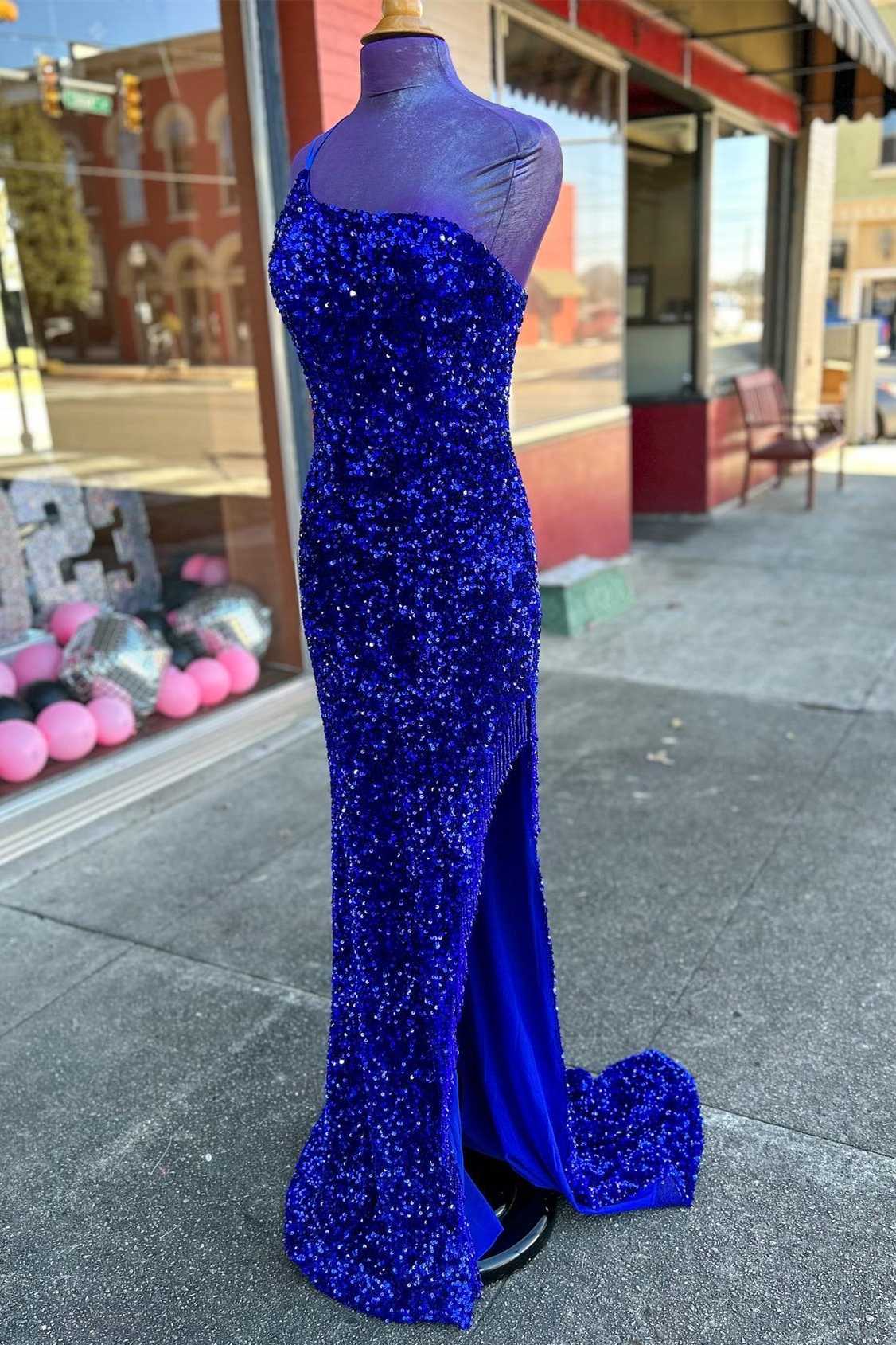 Royal Blue Sequin One-Shoulder Backless Long Prom Dresses with Slit,Evening Party Dress