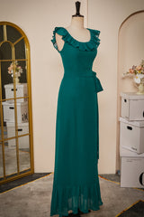 Ruffled Crew Neck Emerald Chiffon Midi Bridesmaid Dress