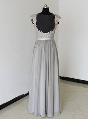 Elegant A-Line Chiffon Silver Long Bridesmaid Dress with Lace Appliques