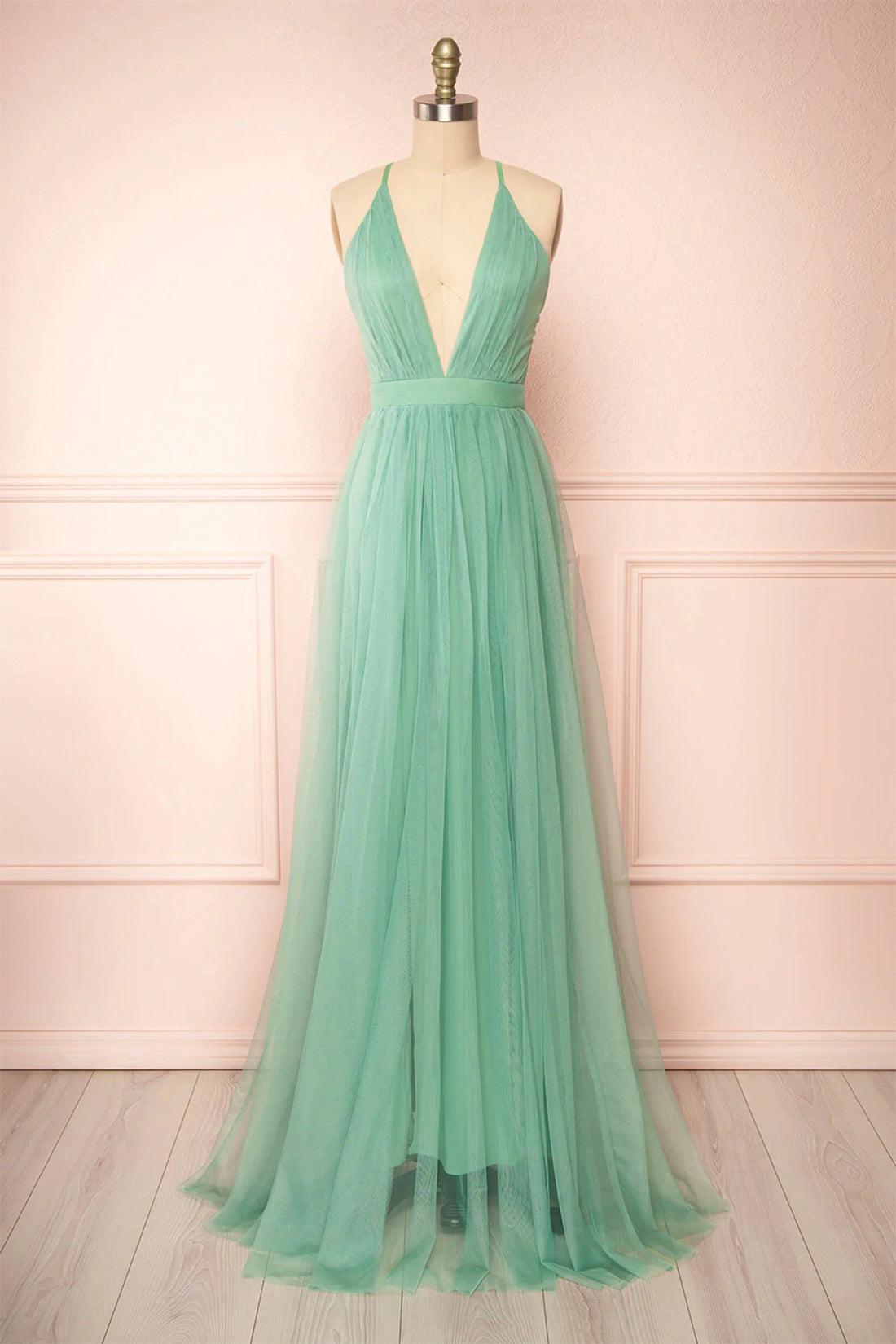 Sage Green V-Neck Tulle Long Prom Dress, Simple Backless Evening Dress