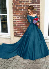 Satin Prom Dress Ball Gown V Neck Cathedral Train With Lace