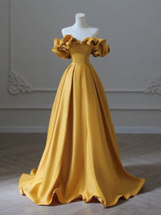 Satin Yellow Long Prom Dress, Aline Formal Yellow Graduation Party Dress