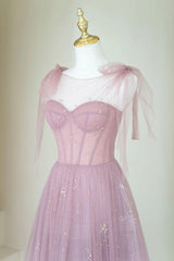 Scoop Neckline Tulle Pink Long Prom Dress, Cute A-Line Evening Party Dress