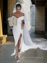 Sheath/Column Off-the-Shoulder Chapel Train Charmeuse Wedding Dresses With Leg Slit