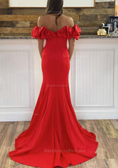 Sheath Column Off The Shoulder Sleeveless Sweep Train Satin Prom Dress With Ruffles Split