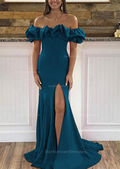 Sheath Column Off The Shoulder Sleeveless Sweep Train Satin Prom Dress With Ruffles Split