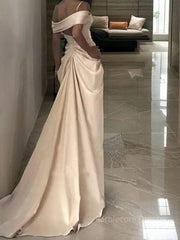 Sheath/Column Off-the-Shoulder Sweep Train Silk like Satin Wedding Dresses With Leg Slit