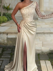 Sheath/Column One-Shoulder Sweep Train Elastic Woven Satin Prom Dresses With Leg Slit