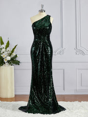 Sheath/Column One-Shoulder Sweep Train Sequins Bridesmaid Dresses