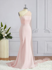 Sheath/Column One-Shoulder Sweep Train Stretch Crepe Bridesmaid Dresses