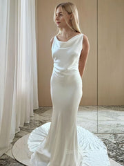 Sheath/Column Scoop Court Train Silk like Satin Wedding Dresses