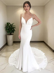 Sheath/Column V-neck Court Train Stretch Crepe Wedding Dresses