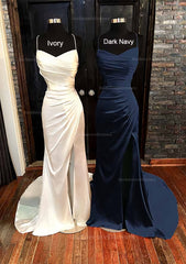 Sheath Column V Neck Spaghetti Straps Sweep Train Satin Prom Dress With Pleated Split