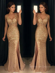 Sheath/Column V-neck Sweep Train Jersey Evening Dresses With Leg Slit